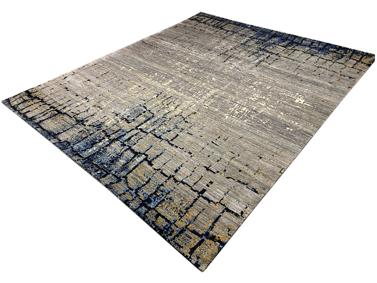 Hand-knotted rug, light gray with geometric blue and gold accents