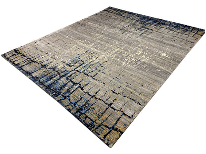 Hand-knotted rug, light gray with geometric blue and gold accents
