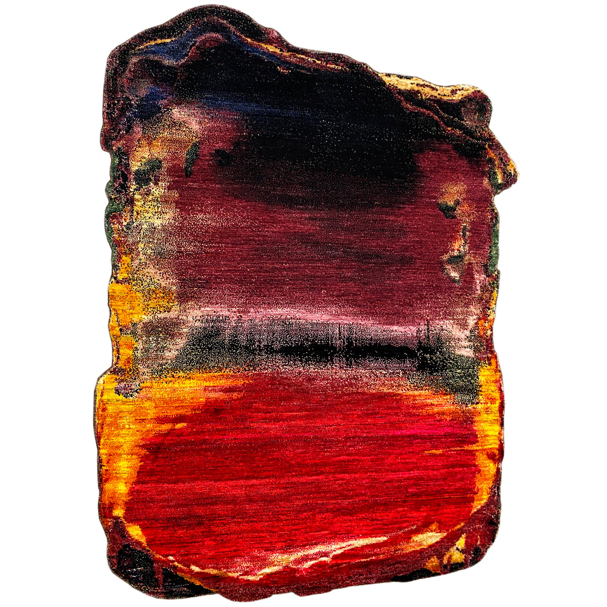 Designer rug: red central area with an orange-yellow stripe and a dark background pattern
