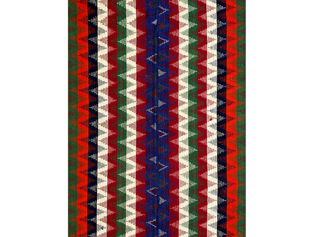 Striped rug: vertical patterned stripes in green, red, blue, and white