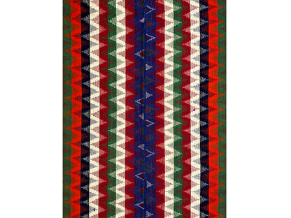 Striped rug: vertical patterned stripes in green, red, blue, and white