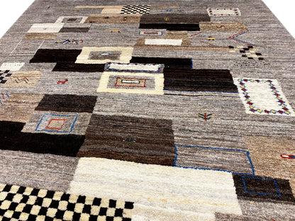 Gabbeh rug 235x171 cm, close-up view with block squares and decorative embroidery effect