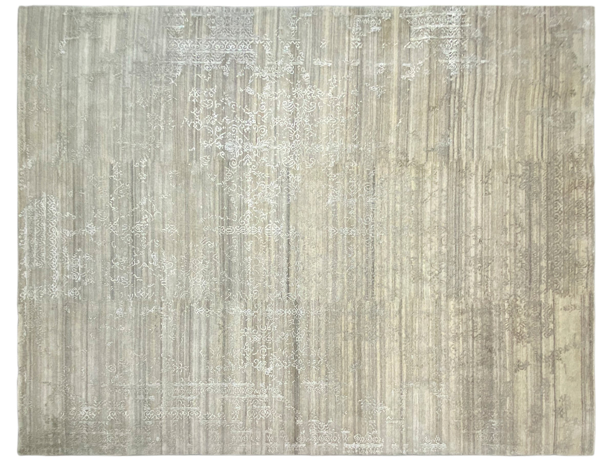 Beige designer rug with a delicate abstract line and texture pattern