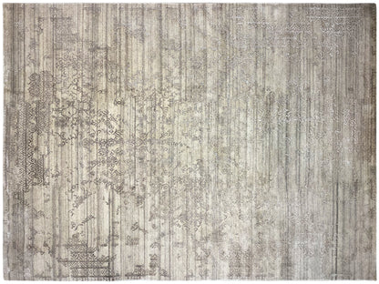 Gray designer rug with vertical stripes and an ornamental border along the edges