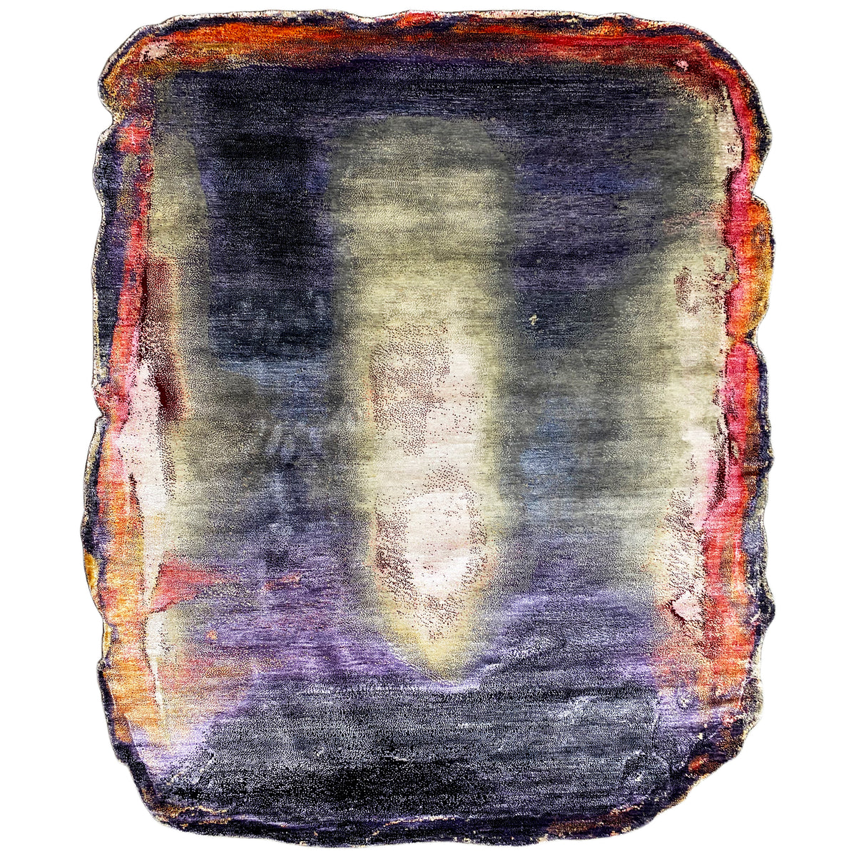 Designer rug with abstract color blocks in dark blue, purple, cream, and orange; rounded edges.