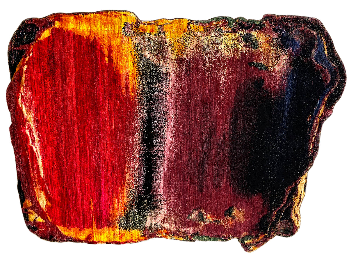 Abstract rug with red-orange, yellow, and black areas, irregular shape