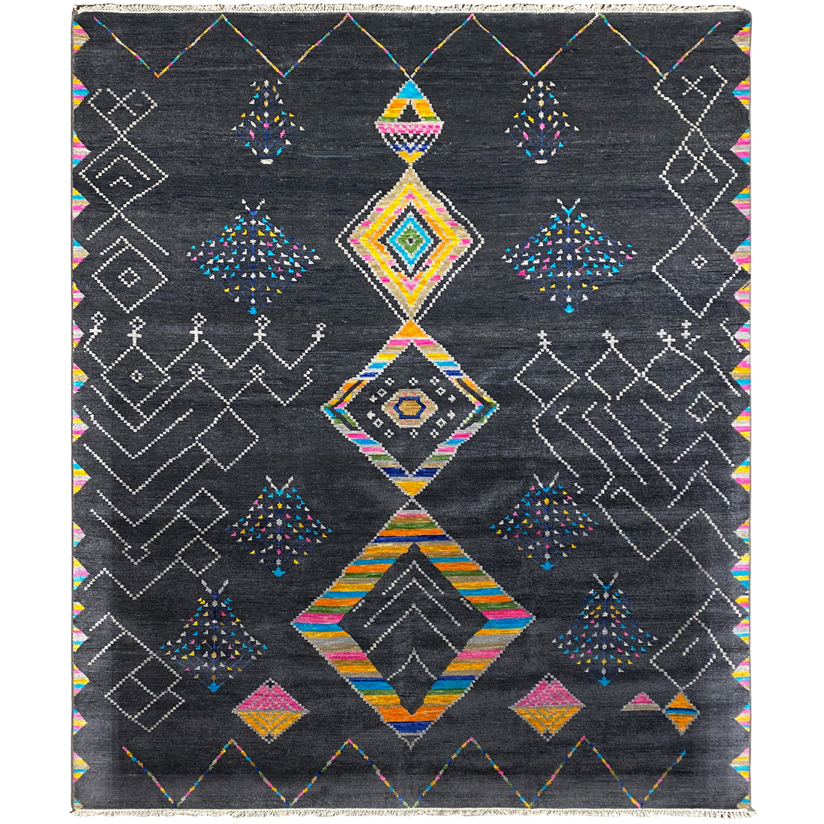 Black designer rug with colorful diamonds, a central motif, and graphic linear patterns