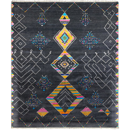Black designer rug with colorful diamonds, a central motif, and graphic linear patterns