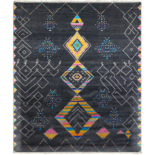 Black designer rug with colorful diamonds, a central motif, and graphic linear patterns