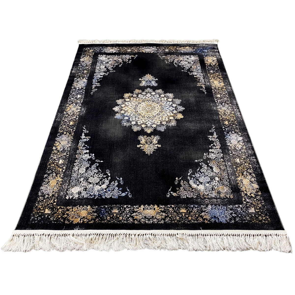 Rug with a dark background, floral patterns in gold, silver, and blue, fringes