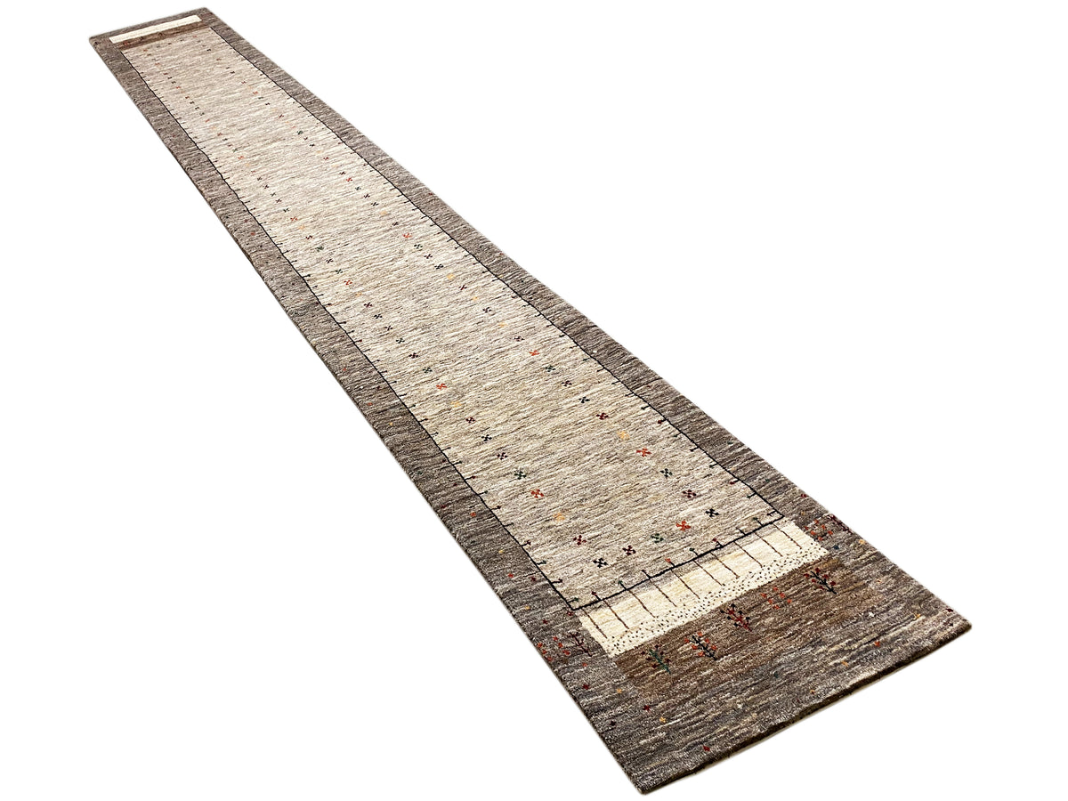 Gabbeh runner with a narrow striped pattern, beige and dark brown, with a surrounding border