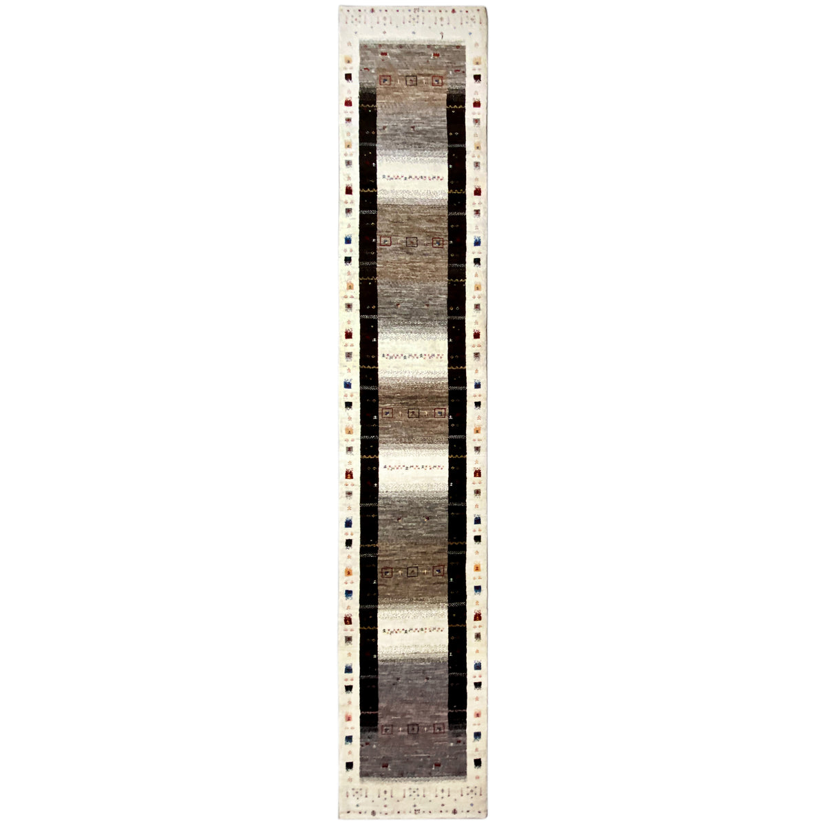 Vertically oriented Gabbeh runner with a central dark stripe and a colorful border trim