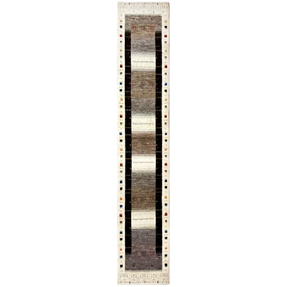 Vertically oriented Gabbeh runner with a central dark stripe and a colorful border trim