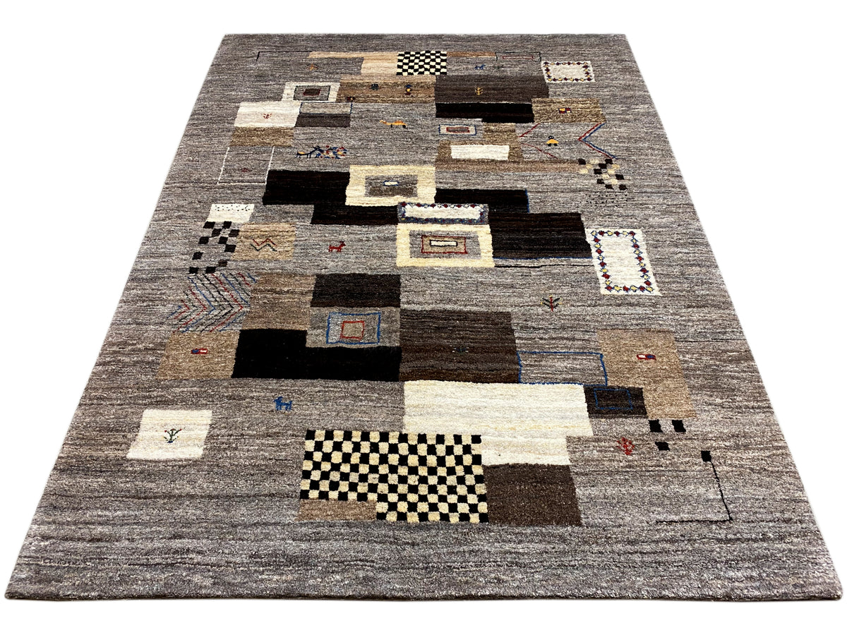 Gabbeh rug 235x171 cm in gray with contrasting squares and lines