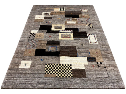 Gabbeh rug 235x171 cm in gray with contrasting squares and lines