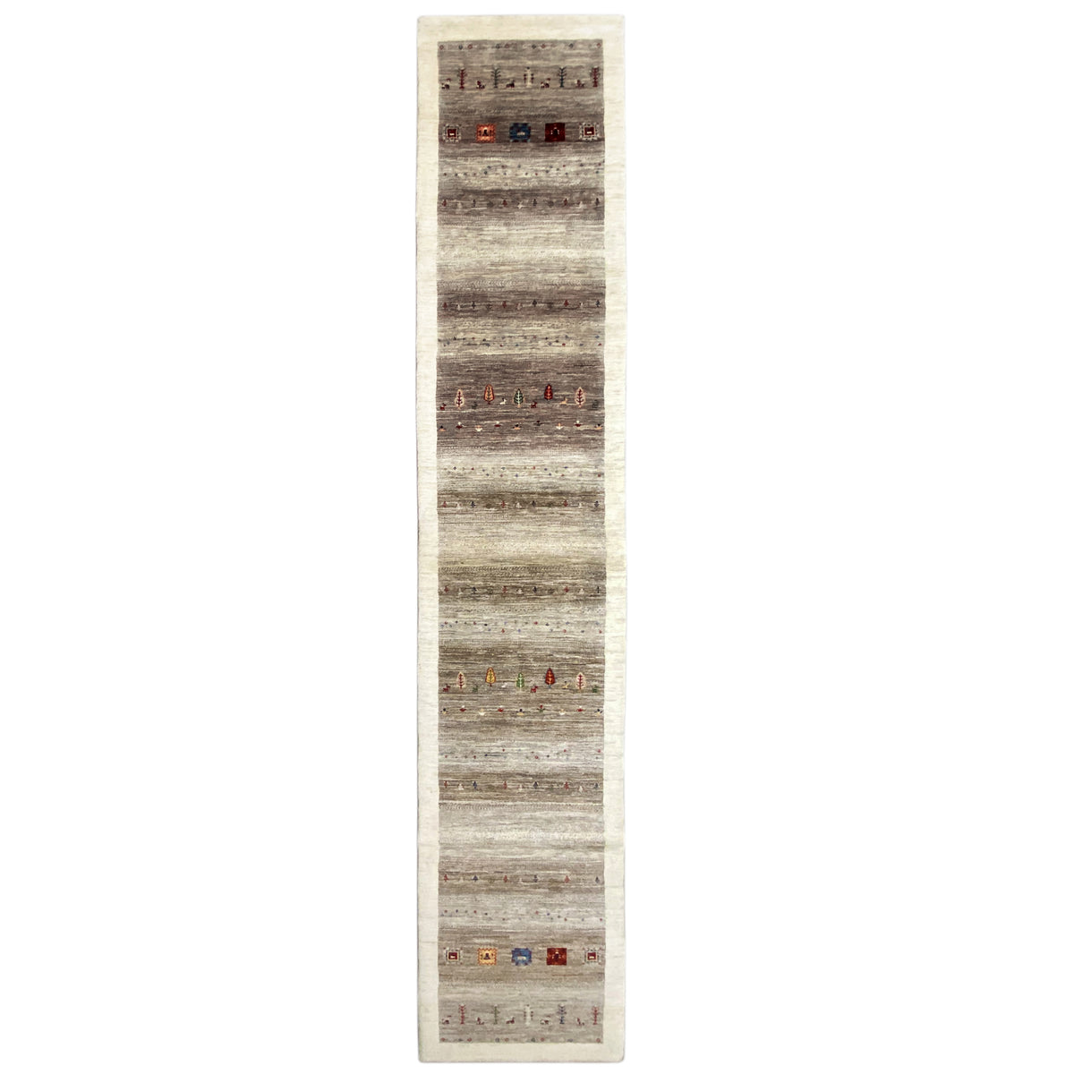 Narrow, elongated Gabbeh runner rug with light and gray stripes and colorful motifs.