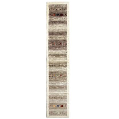 Narrow, elongated Gabbeh runner rug with light and gray stripes and colorful motifs.