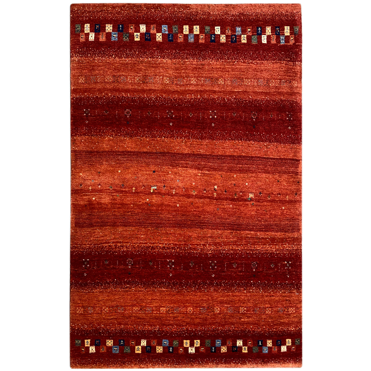 Gabbeh rug with wide reddish stripes and a multicolored border at the ends