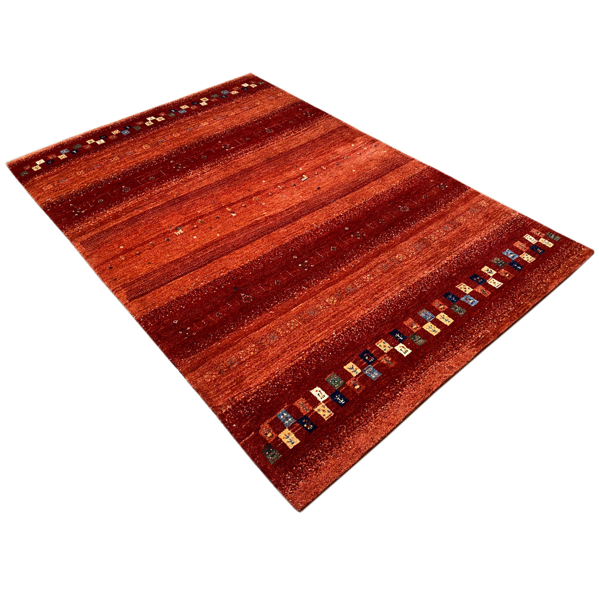 Gabbeh rug in reddish brown with a directional striped pattern and multicolored border trim