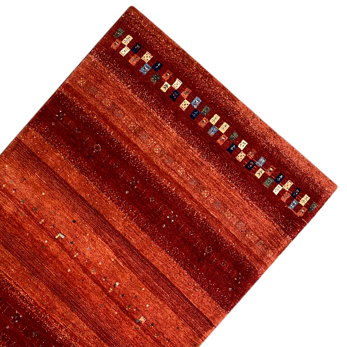 Gabbeh rug with reddish-brown stripes and a decorative multicolored border pattern