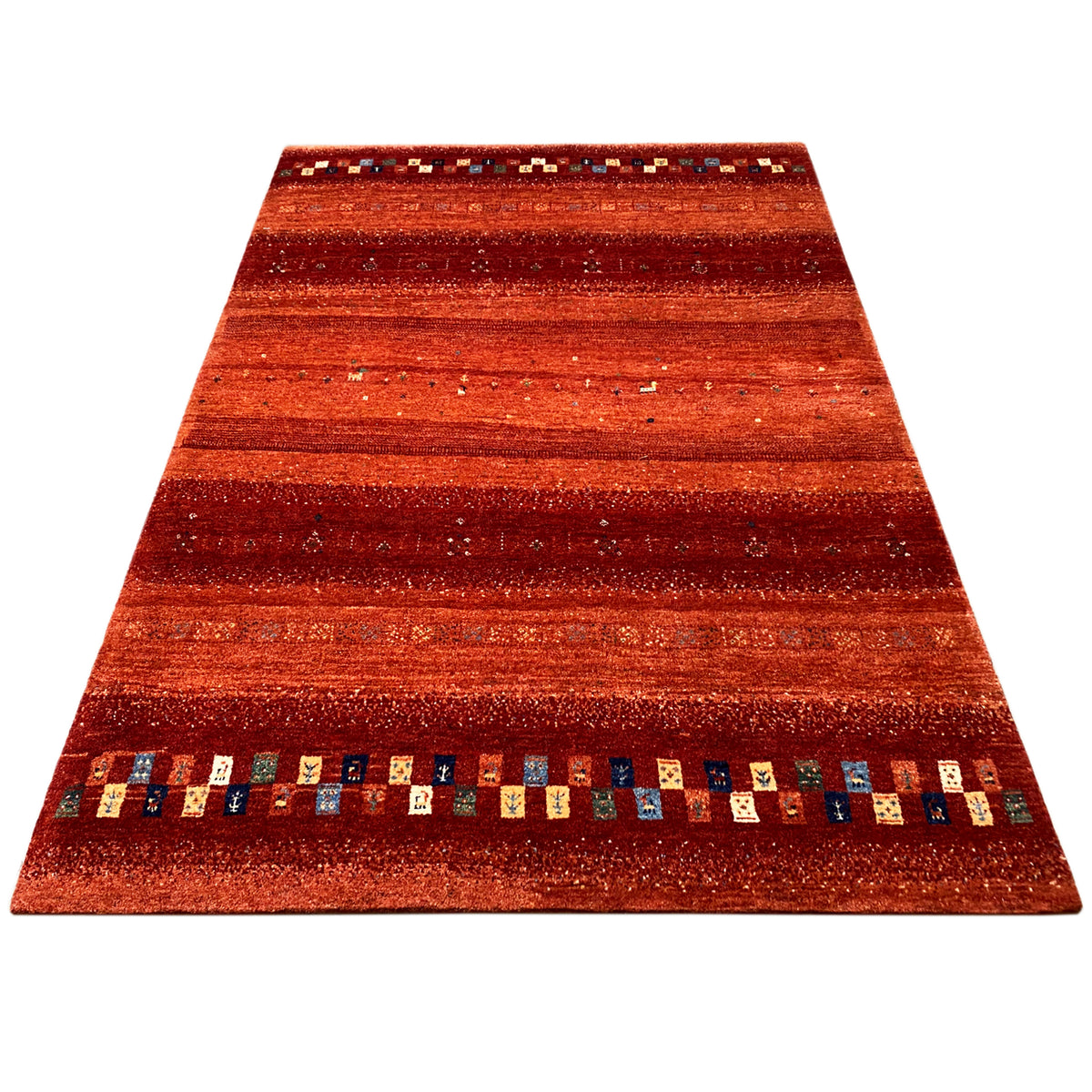 Gabbeh rug with a reddish stripe pattern and multicolored decorative border