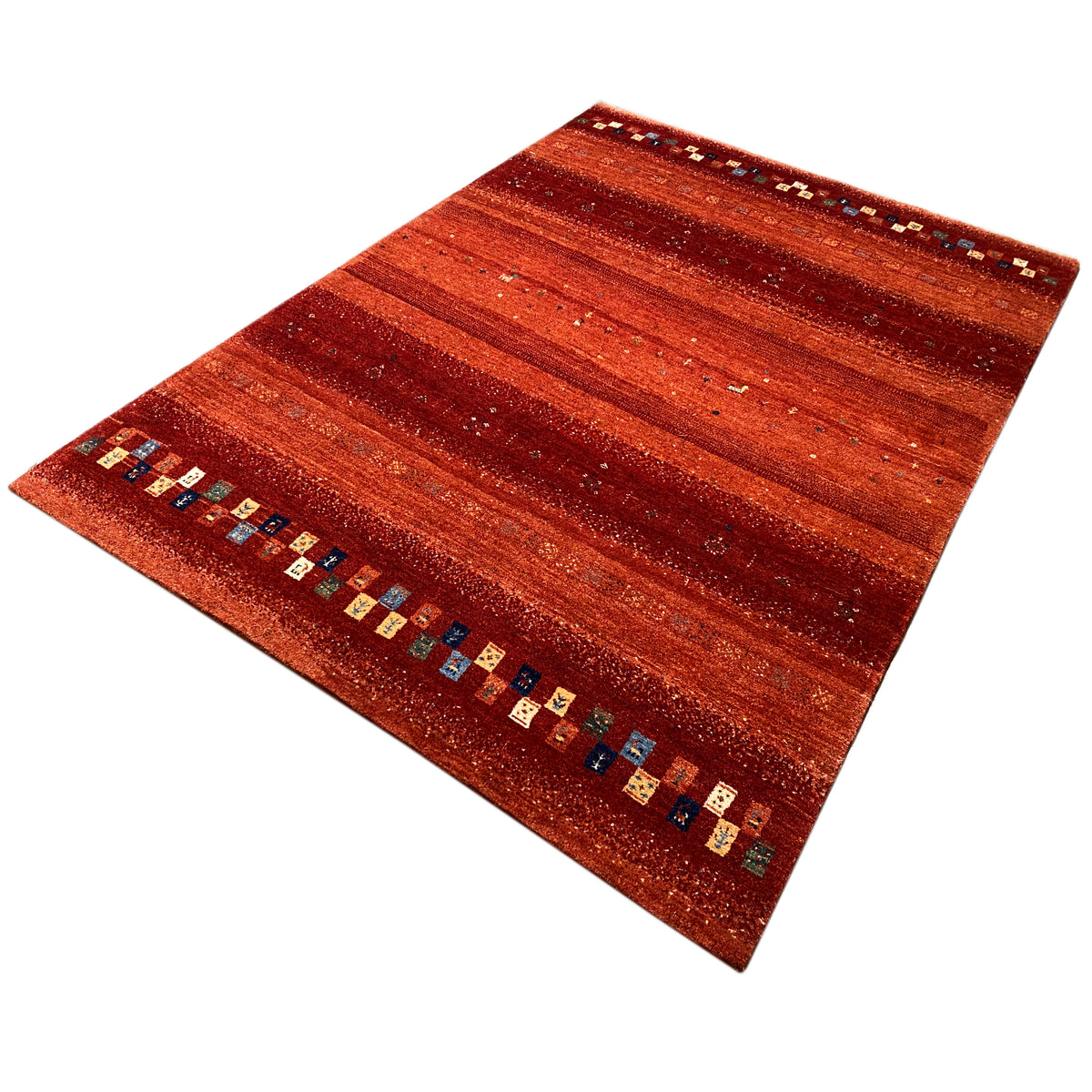 Gabbeh rug with a reddish-brown striped pattern and multicolored border around the edge