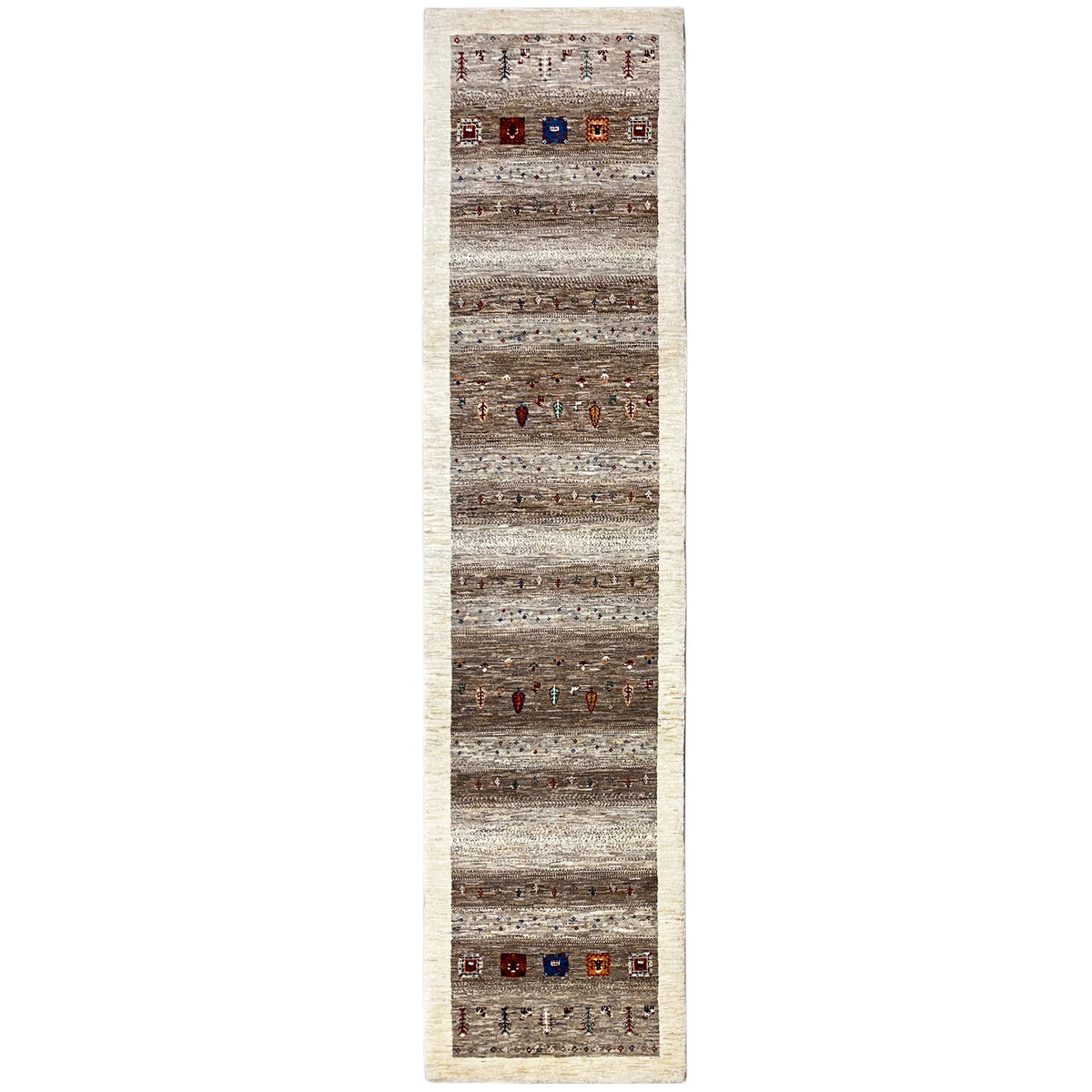 Narrow, vertical Gabbeh runner rug: beige border, horizontal stripes, bead motifs