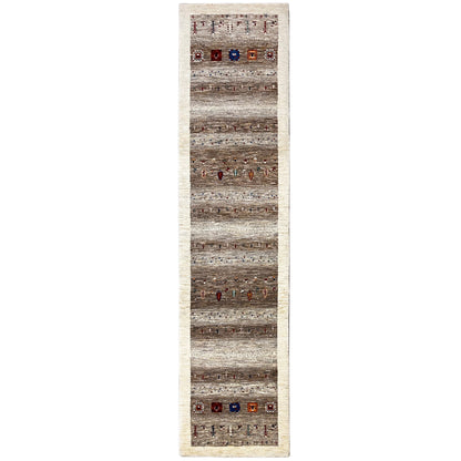 Narrow, vertical Gabbeh runner rug: beige border, horizontal stripes, bead motifs
