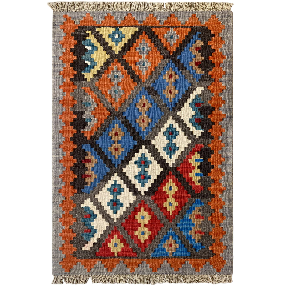 Kilim rug with a geometric pattern, gray background, orange border and colorful central stripes, fringes