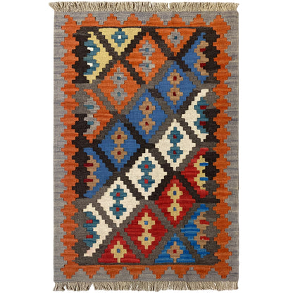Kilim rug with a geometric pattern, gray background, orange border and colorful central stripes, fringes