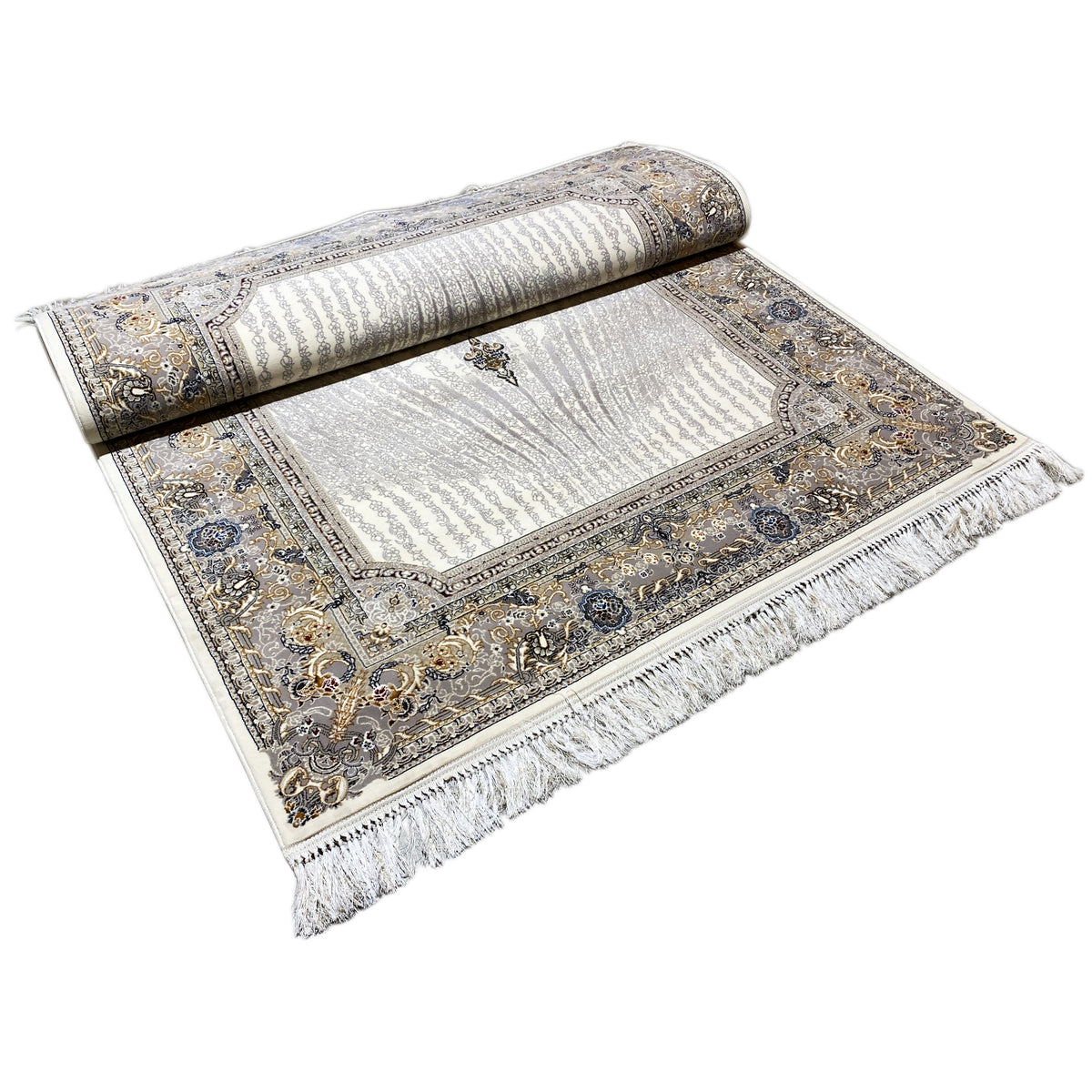 Sample rug Elara 160x230 rolled up and laid out: silver surface, decorative border