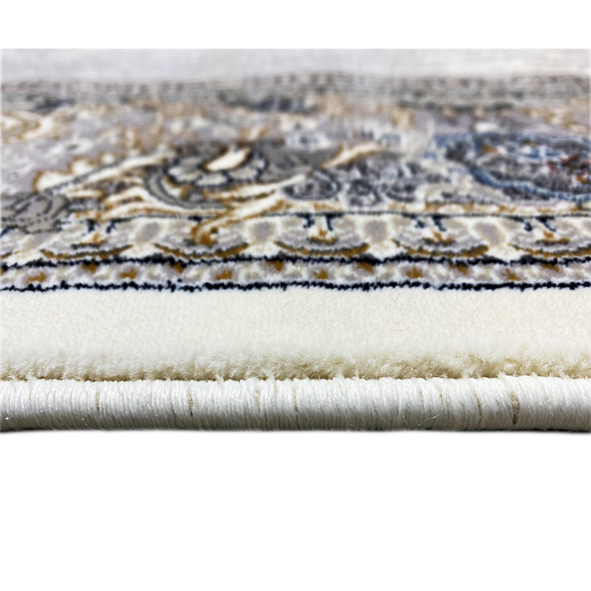 Sample rug Elara 160x230 fringe detail: silver border with blue and gold ornaments