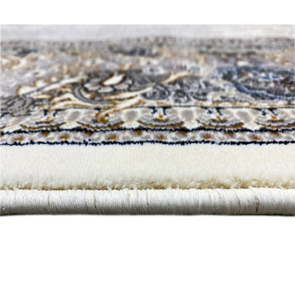 Sample rug Elara 160x230 fringe detail: silver border with blue and gold ornaments