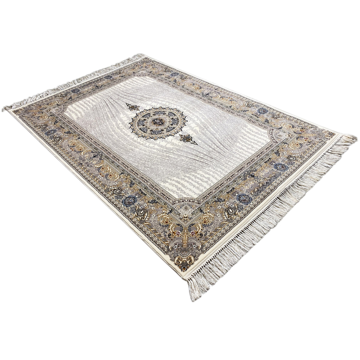 Elara rug 160x230 in cream with an ornamental border, central medallion, and fringes