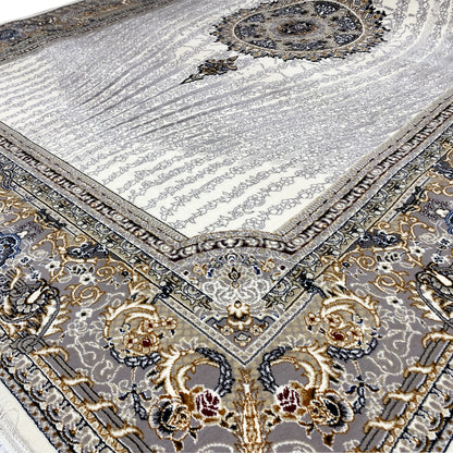 Rug Elara 160x230 Detail: cream-colored pile with medallion, blue-gold border