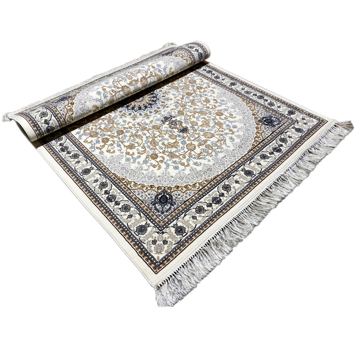 Leyla oriental rug, rolled up, cream-colored background, gold ornaments, fringes