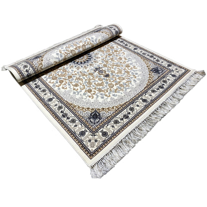 Leyla oriental rug, rolled up, cream-colored background, gold ornaments, fringes