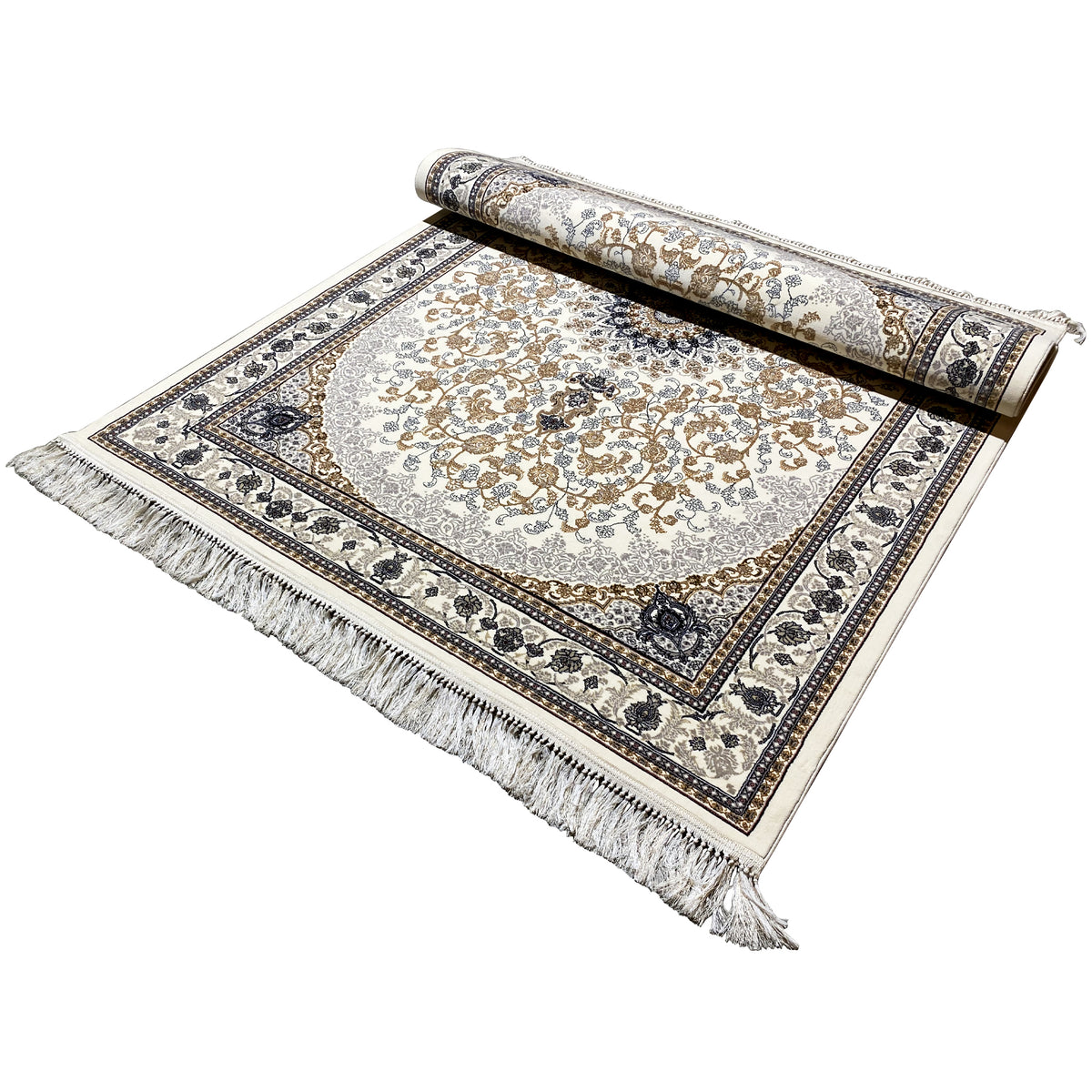 Oriental rug Leyla, rolled, central medallion, dark blue border ornaments and fringes