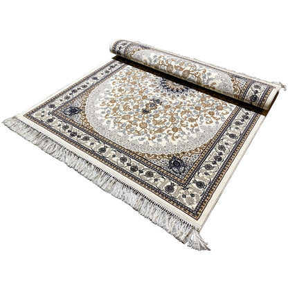 Oriental rug Leyla, rolled, central medallion, dark blue border ornaments and fringes