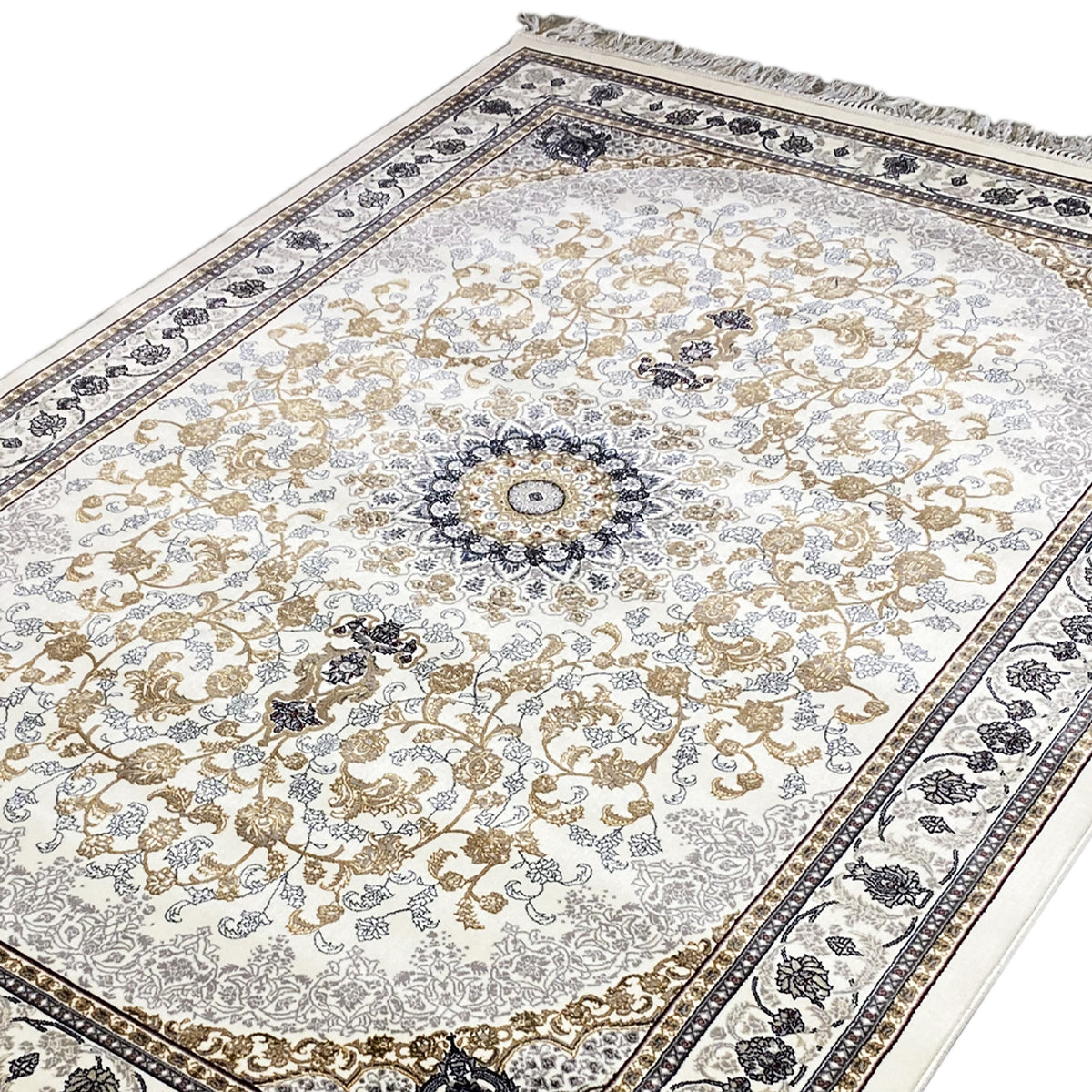 Detailed view: Leyla oriental rug with a central medallion and golden-beige scrolling motifs