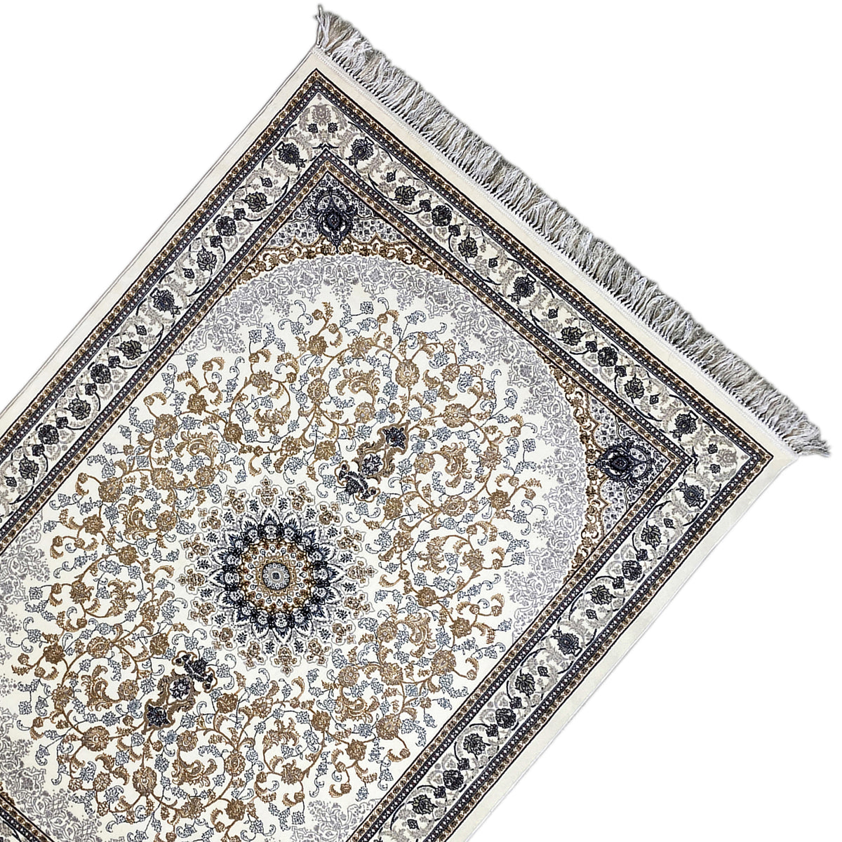 Leyla oriental rug angled view, cream-colored pile, medallion, dark blue borders and fringes