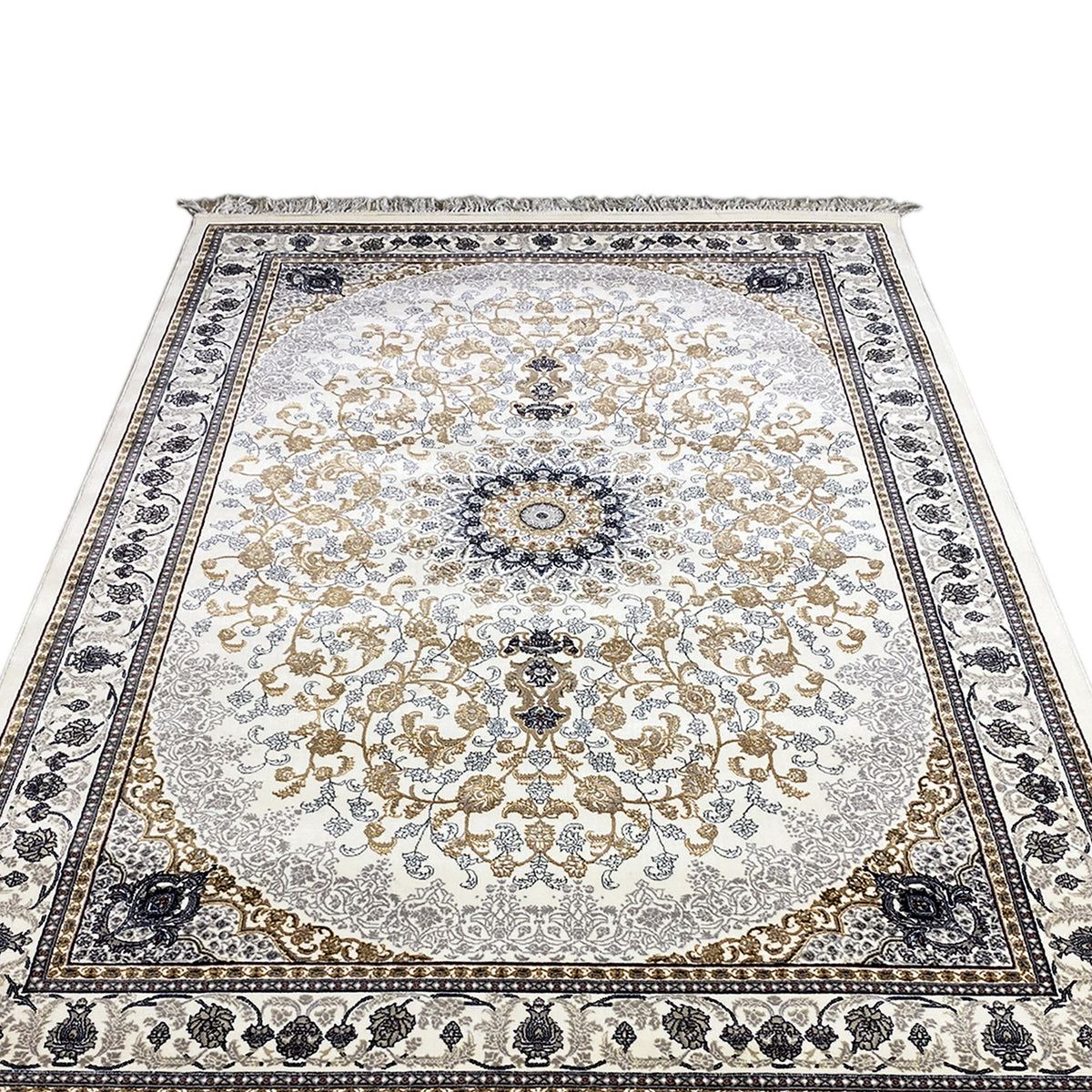 Leyla oriental rug with a square appearance, cream-colored medallion, dark blue border, fringes