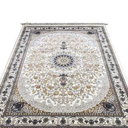 Leyla oriental rug with a square appearance, cream-colored medallion, dark blue border, fringes