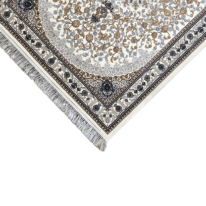 Detail: Leyla Oriental rug with a dark blue border, fringes, and floral ornamentation
