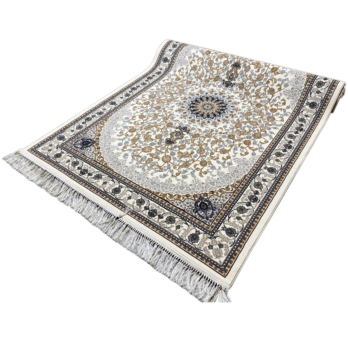 Oriental rug with medallion patterns, cream/gold & dark blue, with fringes
