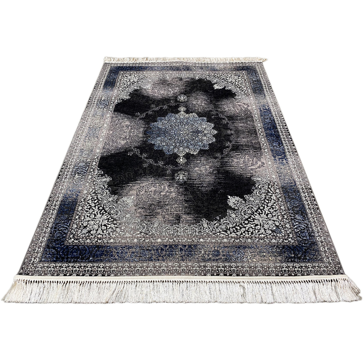 Oriental rug 160x230 with abstract medallion, gray background, dark areas, fringes