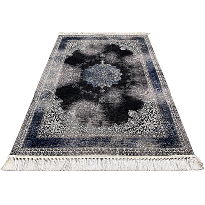 Oriental rug 160x230 with abstract medallion, gray background, dark areas, fringes
