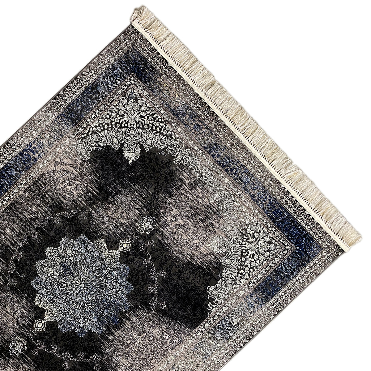 Oriental rug 160x230 close-up of border with ornaments, gray/blue/black, cream-colored fringes