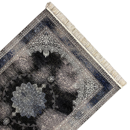 Oriental rug 160x230 close-up of border with ornaments, gray/blue/black, cream-colored fringes