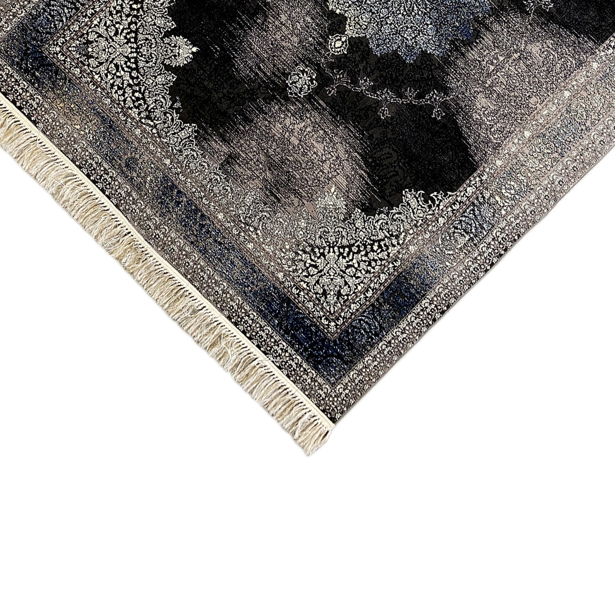 Oriental rug 160x230 corner view: ornamental border in blue, gray, and black, with fringes